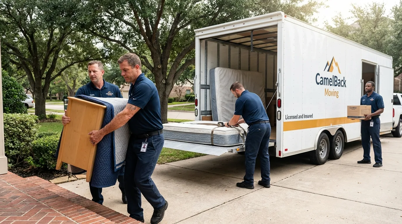 Crew loading residential truck for cross-state move from Cullen, LA
