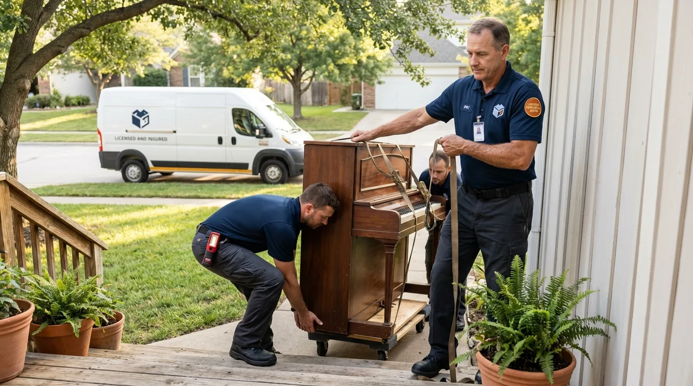 Licensed piano movers securing grand piano in Cullen, LA
