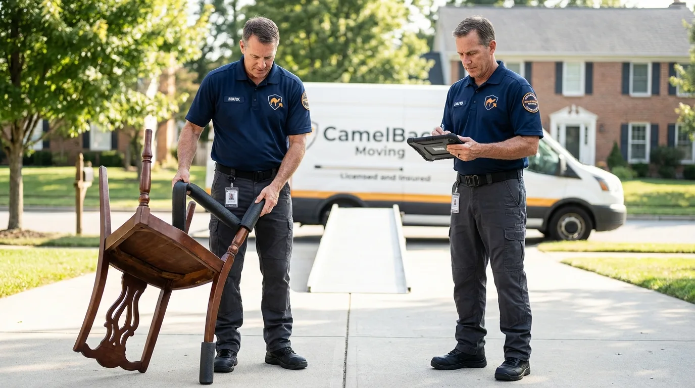 Movers inspecting furniture for damage prevention before loading in Cullen, LA