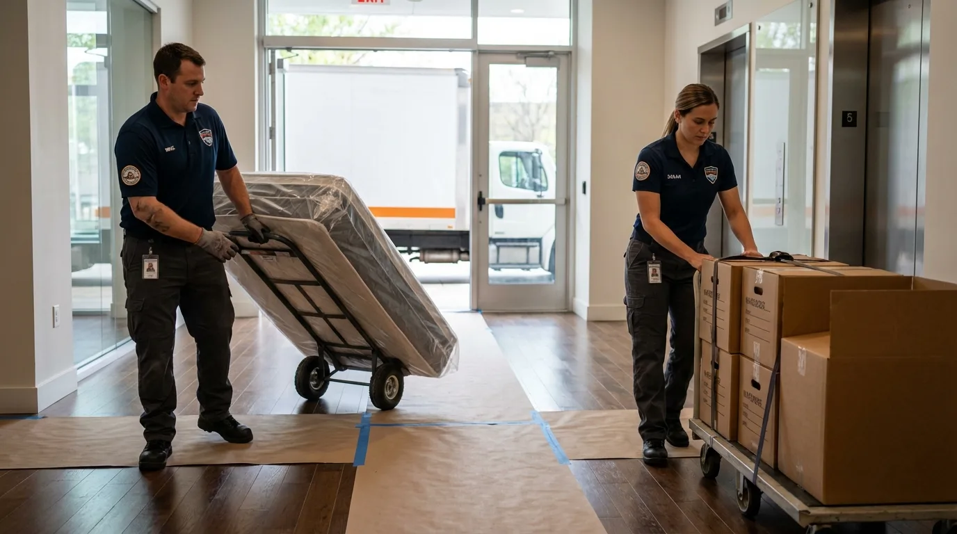 Professional apartment movers loading elevator in Cullen, LA